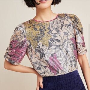 🆕 Anthropologie Sequin Floral Puff Sleeve Blouse